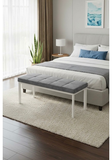 Vena 105x40 Bench - Babyface Kumaş Çımalı Döşeme Puf Bench Beyaz Ayaklı Antrasit