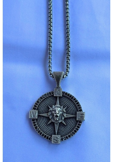 Aslanlı Pusula El İşçiliği Paslanmaz Çelik Zincir Erkek Kolye Gümüş