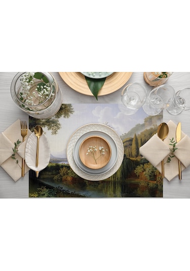 Adawall Yeşil Orman Manzaralı Kumaş Amerikan Servis 4'lü Set Çok Renkli