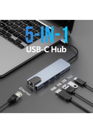 Maiyame Usb-c 5-in-1 Genişletme Dökümü - Hdmı 4k, Usb3.0, Usb2.0, Rj45 Ethernet, 87w Pd Şarj - Uzay Gri