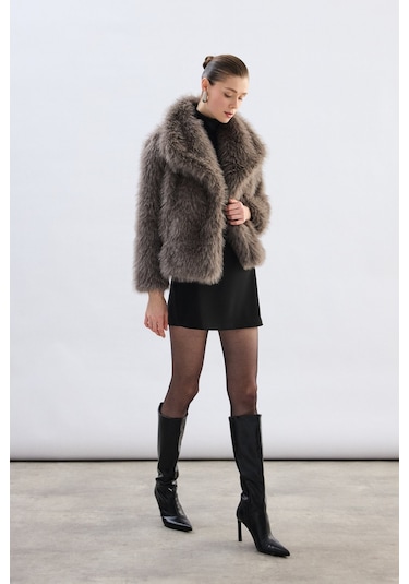Sateen Geniş Yakalı Simli Kürk - Füme-136719 Füme