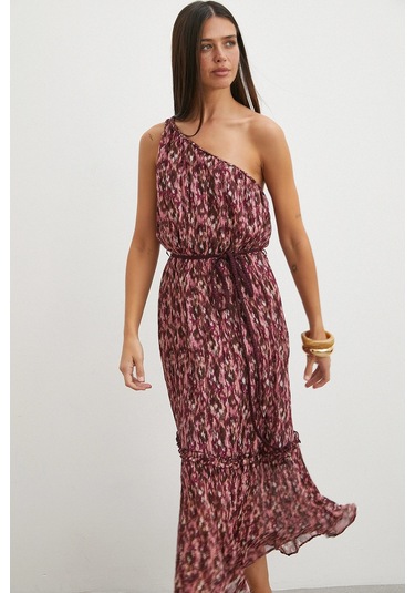 Uterpe One Shoulder Floral Print Maxi Dress Mürdüm