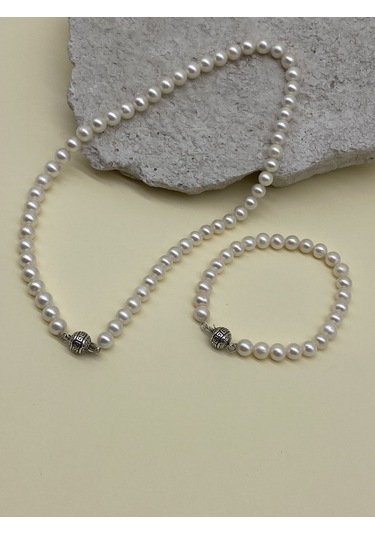 Beyaz Doğal İnci Erkek Kolye Bileklik Set Gümüş