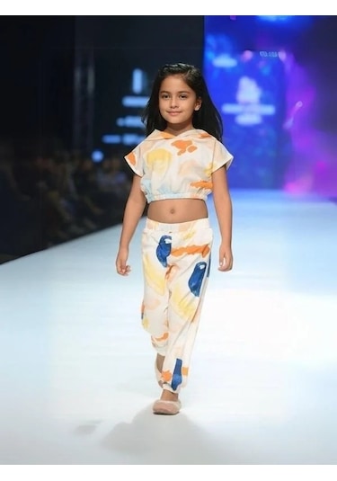 Kız Çocuk Kapüşonlu Crop T-shirt Yazlık Desenli Eşofman Takım-15677 Çok Renkli