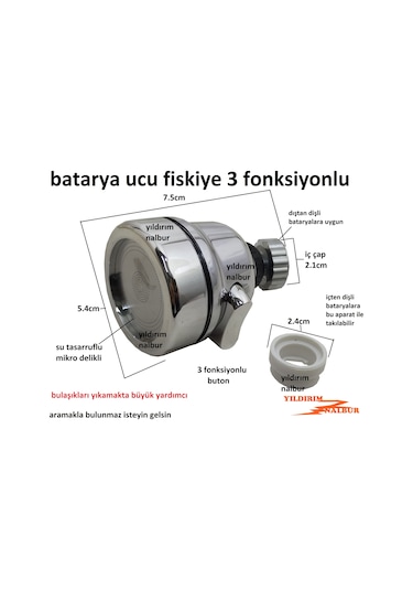 Mutfak Batarya Ucu 3 Foksiyon Krom Kaplama Oynar Duş Perlatör Fil