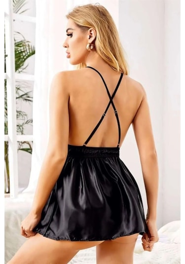 Nightlight Kadın Siyah Saten Gecelik Çapraz Askılı 3361 Siyah