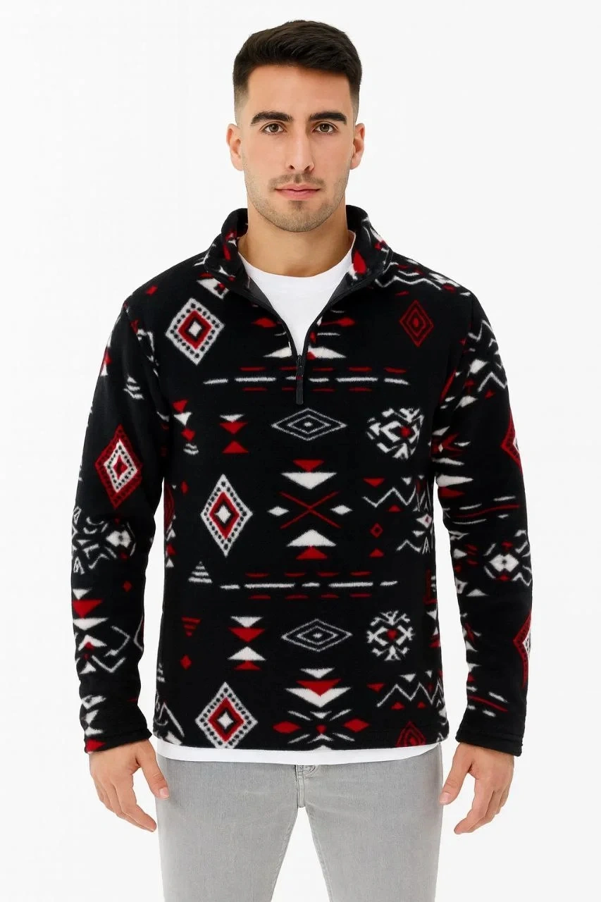 Erkek Yarım Fermuarlı Desenli Polar Sweat Tribal Etnik Desen Yakalı, Uzun Kollu, Oversize Rahat Kalı Siyah