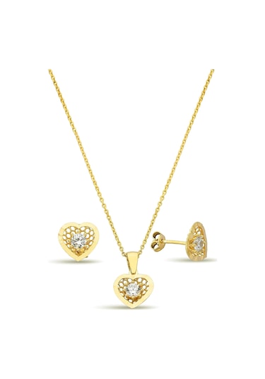 18k Altın Kaplamalı 925 Ayar Gümüş Kalp Set - 67018302 Altın