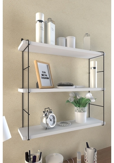 Eva Metal Tasarim Modern Büyük Boy 3 Katlı Duvar Rafı Beyaz