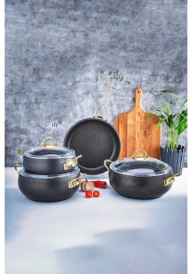 Polochef Mega Granit Tencere Ve Tava Seti 7 Parça Siyah Siyah