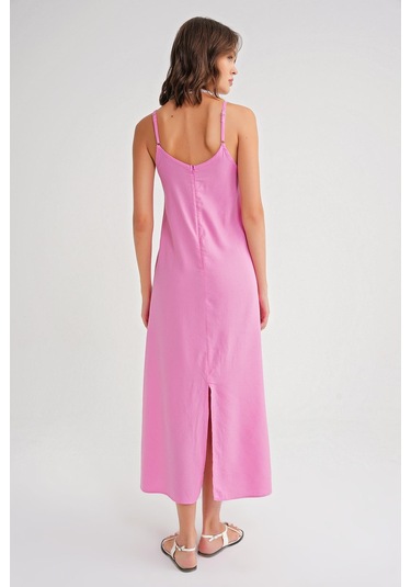 4742 Kadın İp Askılı Büzgü Detaylı Midi Elbise Pembe Pembe