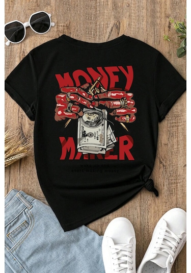 Spoyi Money Maker Tasarımlı %100 Pamuk Yarım Oversize Siyah T-lhirt