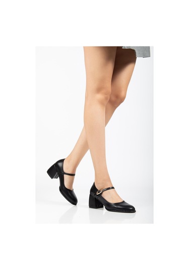 Siyah Kadın Kalın Topuklu Ayakkabı Baretli Vardola Kalın Tokalı-4340 Siyah