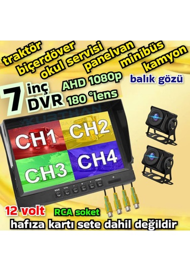2 Adet 1080p Ahd 180 Derece Balık Gözü Kamera 7 İnç 256 Gb Destekli Hybrid Dvr Monitör 12 Volt