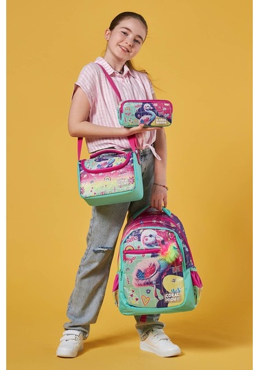 Coral High Kids Pembe Su Yeşili Flamingo Desenli 3 Lü Okul Çanta Seti Set0123647