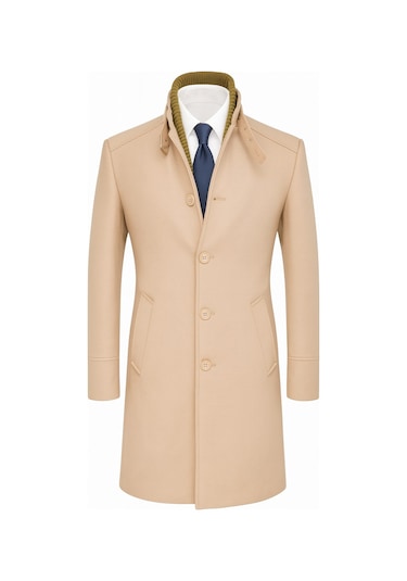 Erkek Slim Fit Kaşe Kaban Çıkarılabilir Ribanalı Fermuarlı Yaka, S Xxl Açık Bej