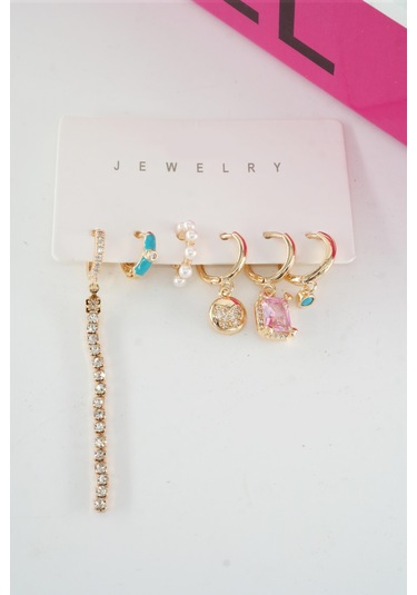 By Zeyna Aksesuar Kadın Vip Seri Özel Tasarım Baget Zirkon Taşlı 6'lı Küpe Seti-4475 Altın