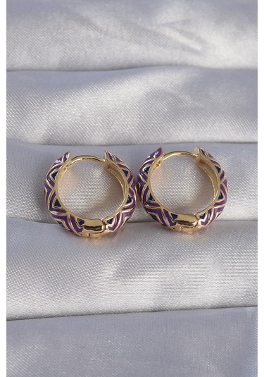 Ezoconcept Pirinç Gold Renk Mor Etnik Desenli Halka Küpe Çok Renkli