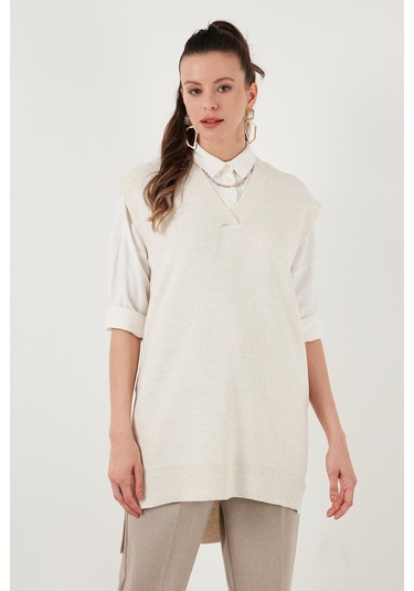 Lela V Yaka Arkası Uzun Triko Bayan Süveter 4616082Y Taş