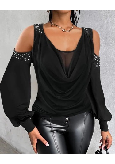 Kadın Yuvarlak Degaje Yaka Omuz Detay Taşlı Uzun Kollu Sandy Bluz Siyah