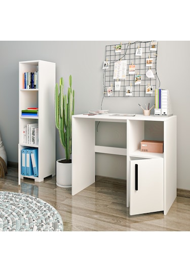 Kuzey Çalışma Masası Ve Kitaplık Set Beyaz