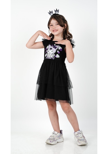 Kuromi Siyah Tül Detaylı Kısa Kollu Kız Çocuk Elbisesi Siyah
