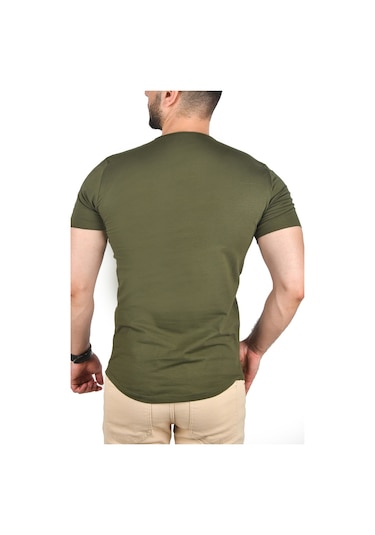 Deepsea Erkek Haki Geniş Yaka Likralı Tişört Oval Yaka Slim Fit Eteği Oval Açık Yaka T-shirt 1801199 Haki