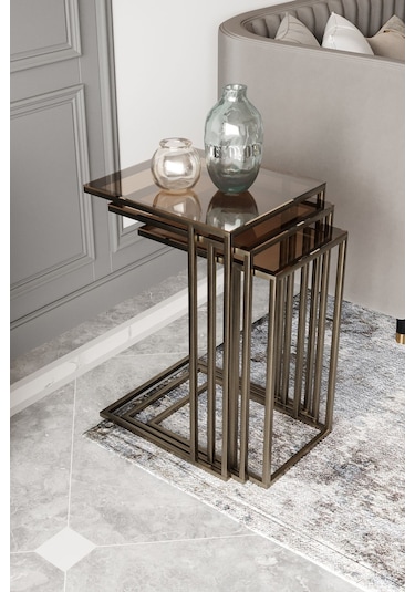 Dekoport Mira Zigon Sehpa Prinç Eskitme Rengi Bronz Cam Eskitme