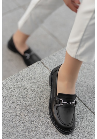 Garantili Horse Kadın Zincirli Loafer Günlük Ayakkabı Siyah