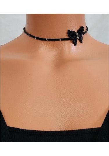 Harmel Jewelry Miyuki Siyah Kelebek Choker Kolye Siyah