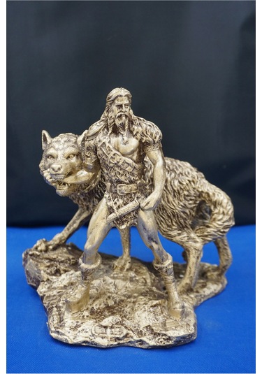 Tyr Savaş Tanrısı Heykeli - Kurtlu Try Biblo - 26 Cm Mitolojik Obje Hediyelik Dekor Altın