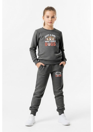 Düz Yuvarlak Yaka Dogs Yazı Baskılı Kız Çocuk Eşofman Takımı Füme