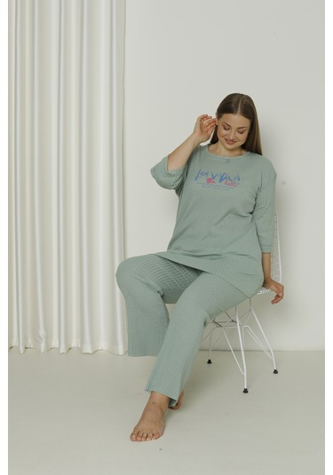 Fames Pijama Yazlık Kaşkorse Büyük Beden Pijama Takım Mint Yeşili