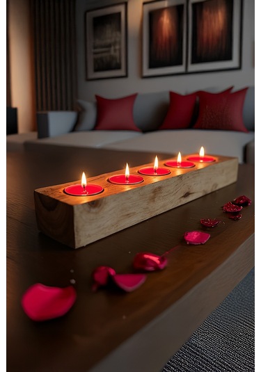 Mumlar Dahil, Mumluk Dekoratif Masif Ahşap 5'li Tealight Mumluk El Yapımı, Bohem & İskandinav Tarz Ahşap Rengi