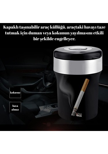 Araç İçi Küllük Pusulalı Işıklı Kapaklı Kokusuz Paslanmaz Çelik İçli Oto Küllüğü Gümüş Glz03504054
