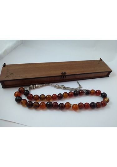 Kızıl Kahve Akik Taşı Tespih Ahşap Kutulu / 10 MM Doğaltaş Tespih