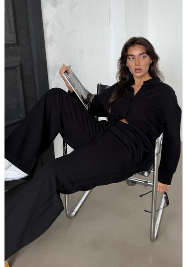 Madmext Siyah Keten Kadın Gömlek Pantolon İkili Takım Mg2356 Siyah