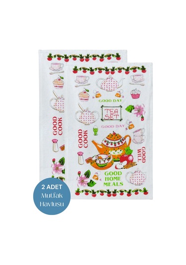 2li Paket Baskılı Beyaz Mutfak Havlusu Modeli Good Day