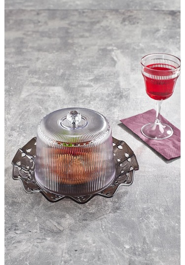 Akrilik Barok Füme Renk Kek Fanus & Kek Saklama Kabı & Şık Sunum Organizeri 26 Cm Füme