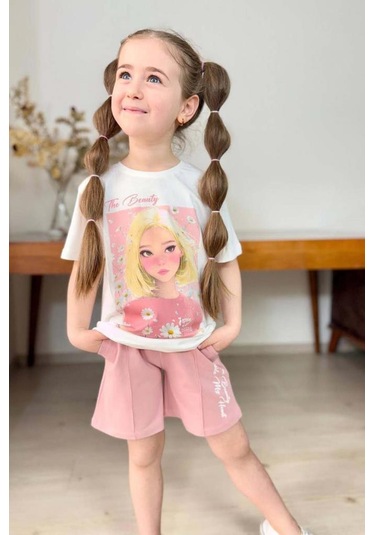 Riccotarz Kız Çocuk Papatya Ve The Beauty Yazı Baskılı Penye T-shirt Pudra Şortlu Takım Pudra