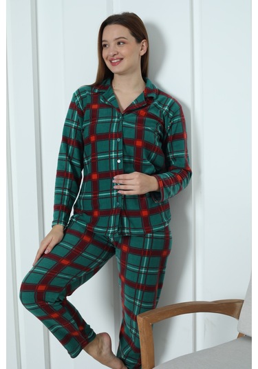 Fawn 3957 Boydan Düğmeli Polar Kışlık Kadın Pijama Takımı Yeşil