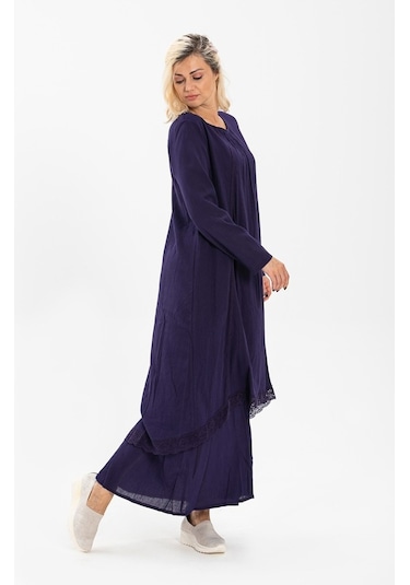 Uzun Kol Şile Bezi Nervürlü Uzun Elbise Mor