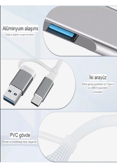 Alüminyum Metalik 4'ü 1 Arada Usb + Type-c Çevirici, Usb 3.0 Hızl