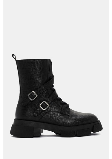 Leah Kadın Siyah Gerçek Deri Tokalı Postal Bot Siyah