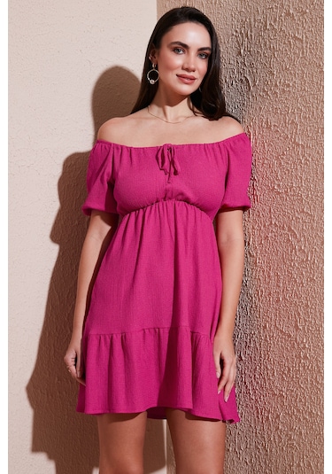 Lela Önü Büzgülü Balon Kollu Mini Bayan Elbise 5869005 Fuşya