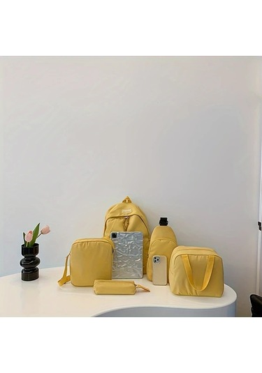 Honeybeeshop Pembe 5 Parça Katı Renk Sırt Çantası Seti Okul Kolej Yolcu Çantası