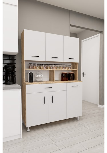 Zimbal Çok Bölmeli Dekoratif Mutfak Dolabı Atlantik Çam-beyaz Beyaz Kapak