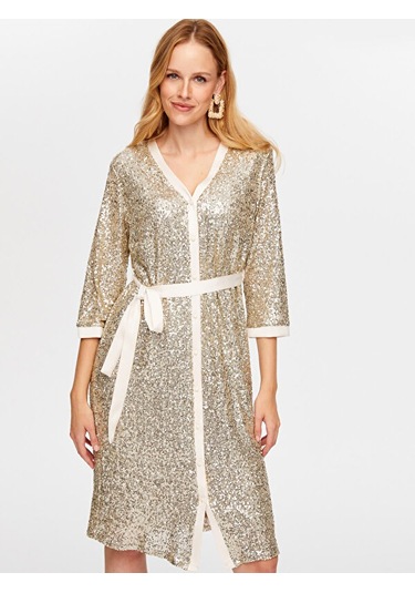 Payet İşli V Yaka 3/4 Kol Abiye Gömlek Elbise W26aby009 Uw26aby00934 Bej