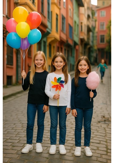 Çocuk Uzun Kollu T-shirt Kız - Erkek Unisex %100 Pamuk 3'lü Süper Pack Ek-1