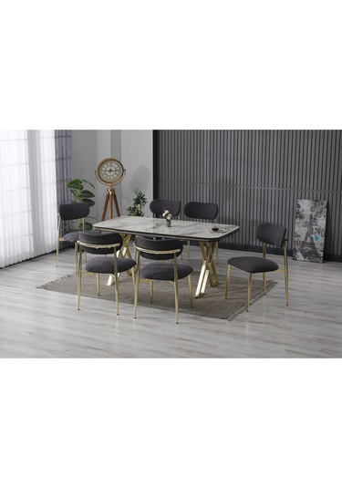 Beliz Serisi Lak Panel Masa Takımı + 6 Sandalye Gri